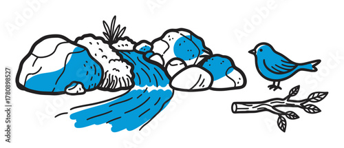 Simple black outline illustration of a small stream flowing through rocks with a blue bird perched on a branch beside the water.