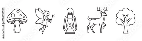 Black outline icons of a mushroom, fairy with wings, lantern, deer with antlers, and a tree, representing nature and fantasy elements.