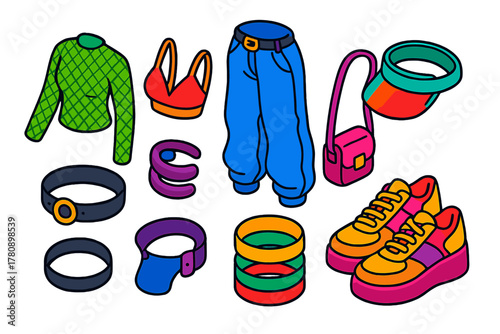 Bold Street Fashion Icons. Isometric vector illustration set Street fashion – mesh layering top, bralette, baggy pants; choker