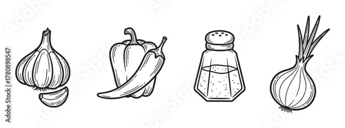 Black and white illustration featuring garlic, a bell pepper, a chili pepper, a salt shaker, and an onion, line-drawn for culinary themes.