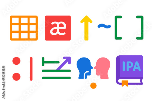 IPA Symbols Icons. Flat vector icons of International Phonetic Alphabet: IPA chart grid, phoneme symbol square, stress mark sign,