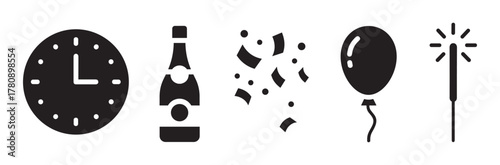 Black silhouette icons of a clock, champagne bottle, confetti, balloon, and sparkler arranged in a row, symbolizing festive celebration elements.