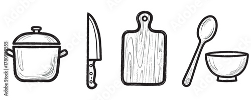 Black outline vector icons of a cooking pot with handles, a sharp kitchen knife, a wooden cutting board, a wooden mixing spoon, and a small bowl.