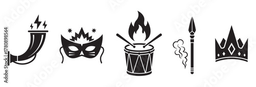Black silhouette icons depicting a viking horn, a festive mask, a flaming drum, a spear with smoke, and a jeweled crown.
