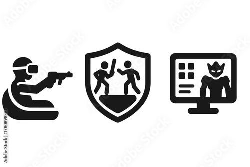 AI War Icons. Solid style icons of AI war simulations: VR battle icon, training arena badge, digital enemy panel. Sim pod loop,