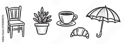 Black and white line drawings of a wooden chair, potted plant, cup and saucer, croissant, and umbrella, each featuring minimal detail and simple shapes.