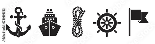 Black silhouette icons of nautical symbols including an anchor, ship, rope, ship wheel, and flag, representing maritime themes.