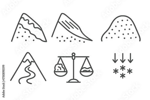 Glacier Zone Icons. Line style icons of glacier mass balance: accumulation zone icon, ablation zone graphic, snow deposit area,