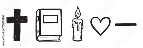 Stylized black outline icons featuring a cross, an open book, a candle with a flame, a heart shape, and a horizontal line.