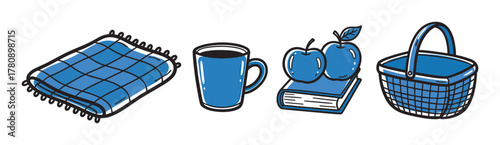 Blue and white checkered blanket, ceramic mug, apples on a book, and woven picnic basket, each detailed in simple sketch style.