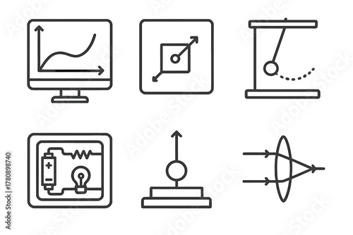 Physics Virtual Lab Icons. Line style icons of customizable prosthetic aesthetics: clip-on panel options, color selection wheel,