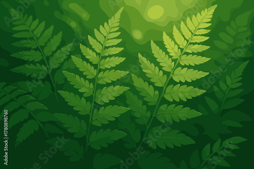 Sunlit Lush Ferns. Close-up of lush green ferns illuminated by soft sunlight, sharp natural textures, tranquil and vector