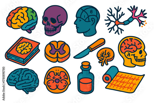 Vintage Neurology Icons. Isometric vector illustration set Vintage Neurology: cerebral cortex diagram, gothic skull illustration,