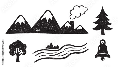 Hand-drawn monochrome illustrations of mountains, trees, a river, and a bell, representing nature and outdoor scenery in a rustic style.
