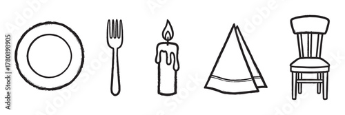 Black outline icon set of everyday objects including a plate, fork, candle, folded napkin, and chair in a minimalistic linear style.