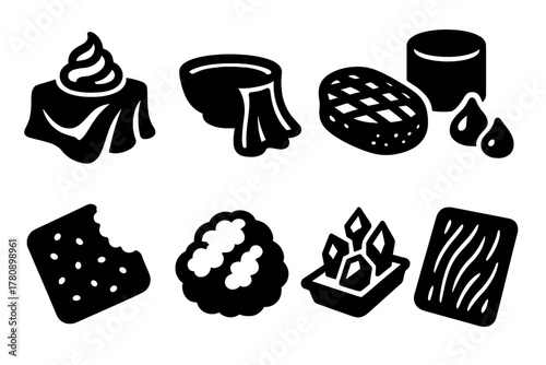 Material-Food Fusion Icons. Solid style icons of food and material fusion: silk + mousse icon, velvet + sauce tray,