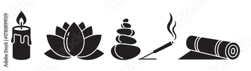 Black silhouette icons of a burning candle, lotus flower, stacked stones, incense stick, and rolled yoga mat, representing calmness and relaxation.