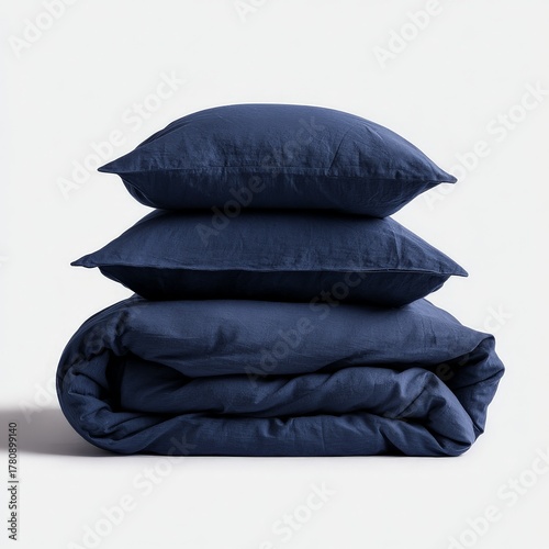 Neatly Stacked Bedding Set on Clean White Background