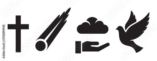 Black silhouette icons of a cross, a meteor, a cloud, a hand, and a dove, symbolizing spirituality, nature, and peace.