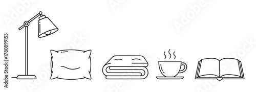 Simple black outline icons of a desk lamp, pillow, folded blanket, steaming coffee cup, and an open book in a linear minimalistic style.