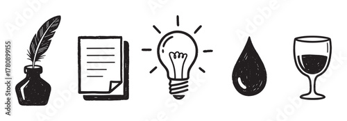 Black ink bottle with feather, document with pages, glowing light bulb, teardrop shape, and wine glass in minimal black outline illustrations.