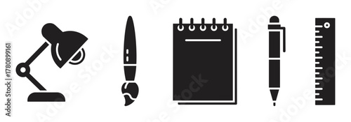 Black silhouette icons of a desk lamp, paintbrush, spiral notebook, pen, and ruler on a white background.