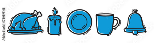 Blue outlined vector icons of a roast chicken on a platter, a candle, a plate, a mug, and a bell, each featuring a minimal and cartoonish design.