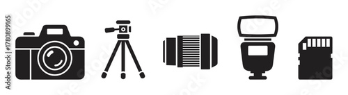 Black outline icons of a camera, tripod, camera lens, flash, and memory card, representing essential photography equipment.