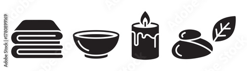 Black outline icons of folded towels, a bowl, a lit candle, and stacked stones with a leaf.