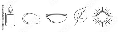 Black outline icons featuring a lit candle, smooth stone, shallow bowl, leaf, and stylized sun with rays, representing natural and calming elements.