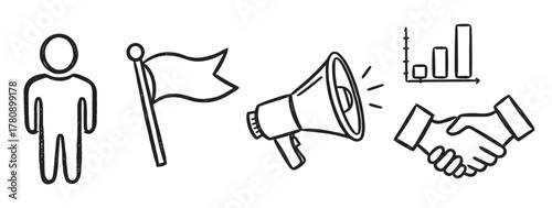 Black outline vector icons depicting a person, a flag on a pole, a megaphone, a graph, and a handshake, symbolizing various concepts such as communication and growth.