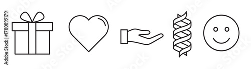 Black outline icons featuring a gift box with a bow, a heart shape, an open hand, a double helix, and a smiley face, representing gift-giving, love, helping, science, and happiness.