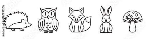 Simple black outline vectors of a hedgehog, owl, fox, and rabbit, alongside a mushroom, representing woodland animals in a minimal linear style.