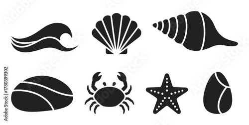 Black icons of beach waves, a scallop shell, conch shell, pebble, crab, starfish, and a sea rock on a white background.