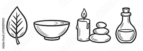 Black outline vector icons of a leaf, bowl, candle, stones, and a bottle, representing elements of spa and relaxation.