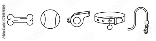 Black outline icons of simple dog accessories including a bone, ball, whistle, collar, and leash in a minimal linear design.