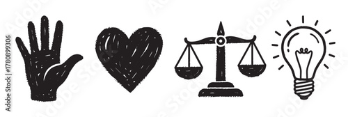 Hand-drawn black icons of an open hand, heart, balance scales, and illuminated light bulb, symbolizing care, love, justice, and ideas.