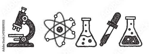 Hand-drawn sketch of a microscope, atom model, two chemistry flasks, and a dropper arranged in a row, symbolizing scientific research and experimentation.