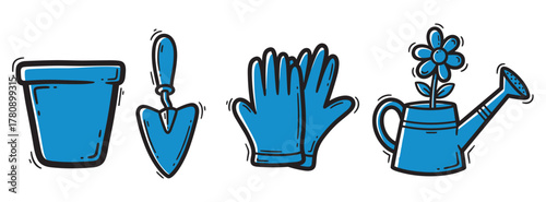 Simple blue cartoon-style gardening tools including a flower pot, trowel, gloves, and watering can with a flower.