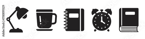 Black silhouette icons of a desk lamp, coffee mug, spiral notebook, alarm clock, and hardcover book aligned in a row.