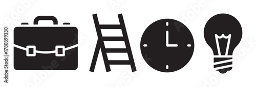 Black silhouette icons of a briefcase, ladder, clock, and light bulb, representing business, progress, time management, and ideas.