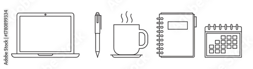 Simple black outline icons of a laptop, pen, steaming coffee cup, spiral notebook, and calendar arranged in a row.