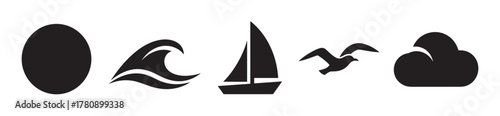 Black silhouette icons of an oval shape, ocean wave, sailboat, flying bird, and cloud, representing various sea and sky elements.