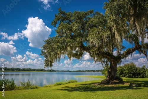Winter Haven Florida. Beautiful Oak Tree By the Lake at Heritage Park Under Blue Skies