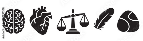 Black silhouette icons depicting a brain, a human heart, a balance scale, a feather, and a round abstract element in a row.
