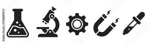 Black silhouette icons of a laboratory flask, microscope, gear, magnet, and pipette, representing various scientific and engineering concepts.