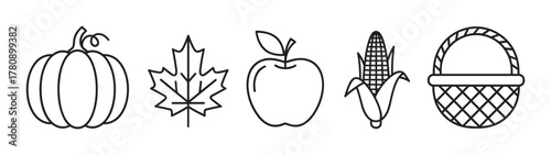 Black outline icons depicting a pumpkin, a maple leaf, an apple, an ear of corn, and a woven basket, representing themes of autumn and harvest.