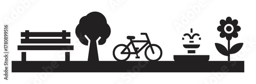 Black silhouette illustration of a park scene with a bench, tree, bicycle, fountain, and flower arranged in a row.