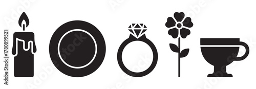Black silhouette icons depicting a burning candle, a circular plate, a diamond ring, a flower, and a cup with a handle.
