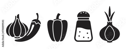 Black silhouette icons of kitchen ingredients including garlic, chili pepper, bell pepper, salt shaker, and onion in a simple, minimalist style.